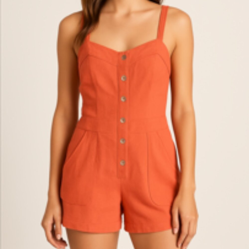DOLLY Coral Button-Front Romper Sweetheart Neckline Pockets Sz M